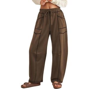 image:imageATHMILE Sweatpants Women 2026 Baggy PullOn Barrel Pants Wide Leg Lounge Drawstring Sweatpants with PocketsCoffee