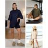 image:imageATHMILE Womens Two Piece Short Lounge Sets Spring Summer Casual Oversized Shirts Airport Travel Outfit Beach Vacation 2026Beige