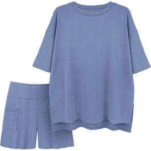 image:imageATHMILE Womens Two Piece Short Lounge Sets Spring Summer Casual Oversized Shirts Airport Travel Outfit Beach Vacation 2026Blue