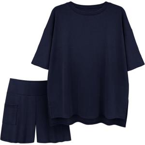 image:imageATHMILE Womens Two Piece Short Lounge Sets Spring Summer Casual Oversized Shirts Airport Travel Outfit Beach Vacation 2026Navy