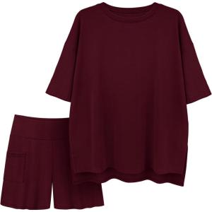 image:imageATHMILE Womens Two Piece Short Lounge Sets Spring Summer Casual Oversized Shirts Airport Travel Outfit Beach Vacation 2026Wine Red