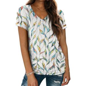 image:imageATHMILE T Shirts Short Sleeve V Neck Tees for Women Fashion Tops Trendy Lightweight Casual Summer Outfits Clothes 2026 BeachMultileaf