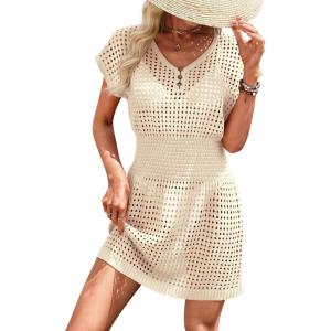image:imageATHMILE Womens Swimsuit Cover Up 2026 Short Sleeve V Neck Crochet Bathing Suit Beach Dress Summer Bikini Cover upsApricot