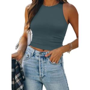 image:imageATHMILE Womens Double Lined Crop Tank Tops Casual Basic Shirts Sleeveless Workout Tops Cute Summer Clothes Teen GirlsHaze Blue