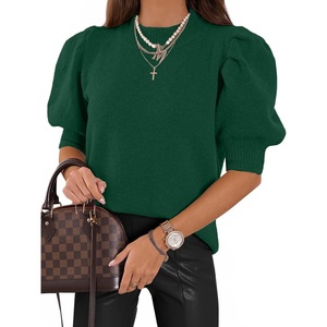 image:imageATHMILE Short Sleeve Sweater for Women 2026 Spring Summer Blouses Crewneck Knit Puff Sleeve Dressy Casual Trendy ShirtsAdark Green