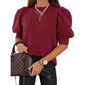 image:imageATHMILE Short Sleeve Sweater for Women 2026 Spring Summer Blouses Crewneck Knit Puff Sleeve Dressy Casual Trendy ShirtsAwine Red