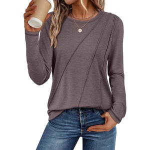 image:imageATHMILE Womens Long Sleeve Shirts Pleated Crew Neck Casual Fall Fashion Ladie Tops Loose Fit Spring Basic Clothes TrendyGray Purple