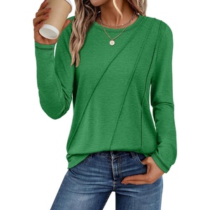 image:imageATHMILE Womens Long Sleeve Shirts Pleated Crew Neck Casual Fall Fashion Ladie Tops Loose Fit Spring Basic Clothes TrendyGreen