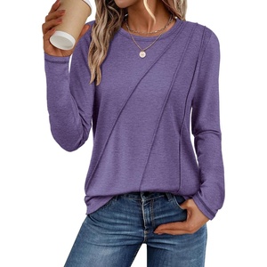 image:imageATHMILE Womens Long Sleeve Shirts Pleated Crew Neck Casual Fall Fashion Ladie Tops Loose Fit Spring Basic Clothes TrendyPurple