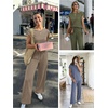 image:imageATHMILE Womens 2 Piece Lounge Set Fashion Travel Outfits Summer Beach Vacation Tracksuit Comfy Wide Leg Airport LoungewearZbeige