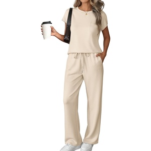 image:imageATHMILE Womens 2 Piece Lounge Set Fashion Travel Outfits Summer Beach Vacation Tracksuit Comfy Wide Leg Airport LoungewearZbeige