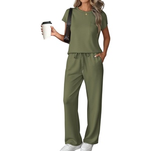 image:imageATHMILE Womens 2 Piece Lounge Set Fashion Travel Outfits Summer Beach Vacation Tracksuit Comfy Wide Leg Airport LoungewearZgreen