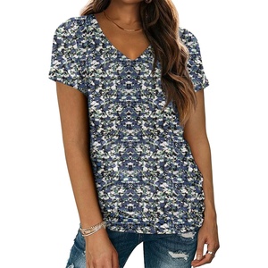 image:imageATHMILE T Shirts Short Sleeve V Neck Tees for Women Fashion Tops Trendy Lightweight Casual Summer Outfits Clothes 2026 BeachBlue Flower