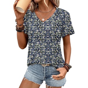 image:imageATHMILE Womens V Neck Short Sleeve Summer T Shirts Curved Hem Plain Top BeachBlue Flowers