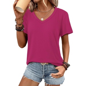 image:imageATHMILE Womens V Neck Short Sleeve Summer T Shirts Curved Hem Plain Top BeachHot Pink