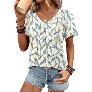 image:imageATHMILE Womens V Neck Short Sleeve Summer T Shirts Curved Hem Plain Top BeachMultileaf