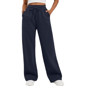 image:imageATHMILE Womens Wide Leg Fleece Lined Sweatpants High Waisted Baggy Drawstring Joggers Straight Leg Sweat PantsNavy Blue