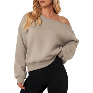 image:imageATHMILE Womens Off the Shoulder Fleece Sweatshirt Crop Top Long Sleeve Pullover Comfy Sexy Y2K Casual Fall Outfits 2026Coffee Grey