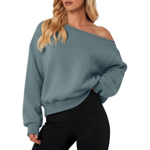 image:imageATHMILE Womens Off the Shoulder Fleece Sweatshirt Crop Top Long Sleeve Pullover Comfy Sexy Y2K Casual Fall Outfits 2026Gray Blue