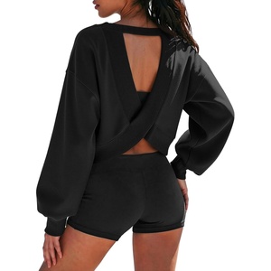 image:imageATHMILE Womens V Neck Sweatshirt Open Back Crop Top Long Sleeve Fashion Sexy Y2K Casual Fall Clothes 2026Black
