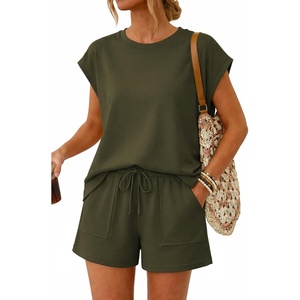 image:imageATHMILE Two Piece Womens Summer Lounge Short Sets Cap Sleeve  Drawstring ShortsBeach Sweatsuit with PocketAthleisure Matching SetsAthletic OutfitsArmy Green