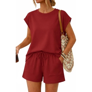 image:imageATHMILE Two Piece Womens Summer Lounge Short Sets Cap Sleeve  Drawstring ShortsBeach Sweatsuit with PocketAthleisure Matching SetsAthletic OutfitsRed
