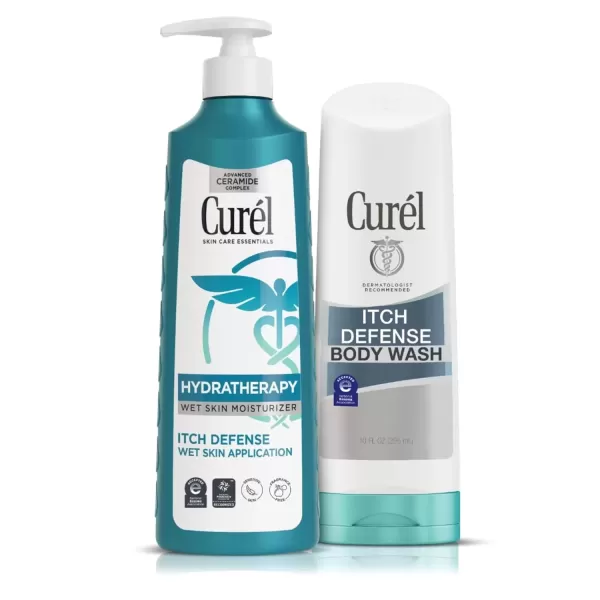 imageCurel Hydra Therapy Itch Defense Moisturizer and Body Wash SetWet Skin LotionCurl Itch Defense Calming Daily CleanserBody Wash Soapfree Formulafor DryItchy Skin12 fl ozampamp10 fl oz2Piece set