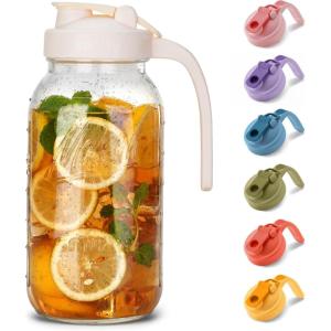 imageSMIRLY 64 oz Mason Jar Pitcher with Wide Mouth and Pour Spout Lid Handle  Glass Pitcher with Lid Double Leak Proof 2 Quart Pitcher with Lid Breast Milk Pitcher Coffee Water Iced Tea for FridgeCream White