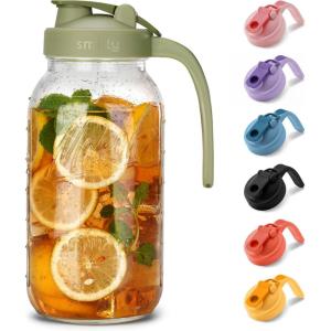 imageSMIRLY 64 oz Mason Jar Pitcher with Wide Mouth and Pour Spout Lid Handle  Glass Pitcher with Lid Double Leak Proof 2 Quart Pitcher with Lid Breast Milk Pitcher Coffee Water Iced Tea for FridgeGreen