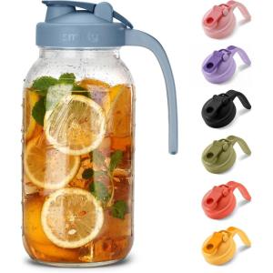 imageSMIRLY 64 oz Mason Jar Pitcher with Wide Mouth and Pour Spout Lid Handle  Glass Pitcher with Lid Double Leak Proof 2 Quart Pitcher with Lid Breast Milk Pitcher Coffee Water Iced Tea for FridgeBlue