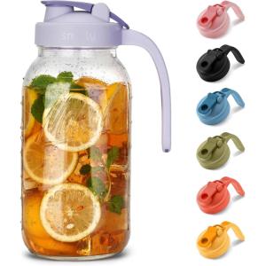 imageSMIRLY 64 oz Mason Jar Pitcher with Wide Mouth and Pour Spout Lid Handle  Glass Pitcher with Lid Double Leak Proof 2 Quart Pitcher with Lid Breast Milk Pitcher Coffee Water Iced Tea for FridgePurple