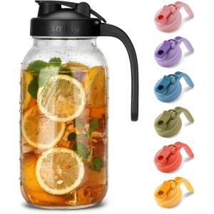 imageSMIRLY 64 oz Mason Jar Pitcher with Wide Mouth and Pour Spout Lid Handle  Glass Pitcher with Lid Double Leak Proof 2 Quart Pitcher with Lid Breast Milk Pitcher Coffee Water Iced Tea for FridgeBlack