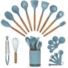 imageSilicone Kitchen Utensils Set ampamp Holder Cooking Utensils Set  Kitchen Essentials for New Home ampamp 1st Apartment Silicone Spatula Set Cooking Spoons for Nonstick Cookware Acacia Wood GreyBlue