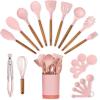 imageSilicone Kitchen Utensils Set ampamp Holder Cooking Utensils Set  Kitchen Essentials for New Home ampamp 1st Apartment Silicone Spatula Set Cooking Spoons for Nonstick Cookware Acacia Wood GreyPink