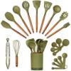 imageSilicone Kitchen Utensils Set ampamp Holder Cooking Utensils Set  Kitchen Essentials for New Home ampamp 1st Apartment Silicone Spatula Set Cooking Spoons for Nonstick Cookware Acacia Wood GreyGreen