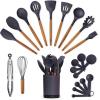 imageSilicone Kitchen Utensils Set ampamp Holder Cooking Utensils Set  Kitchen Essentials for New Home ampamp 1st Apartment Silicone Spatula Set Cooking Spoons for Nonstick Cookware Acacia Wood GreyGray