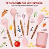 imageSilicone Kitchen Utensils Set ampamp Holder Cooking Utensils Set  Kitchen Essentials for New Home ampamp 1st Apartment Silicone Spatula Set Cooking Spoons for Nonstick Cookware Acacia Wood GreyPink