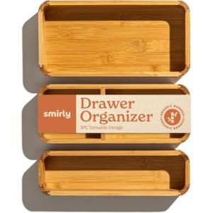 imageSMIRLY 8Piece Bamboo Kitchen Drawer Organizer Set for Large and Small Utensils Multiuse Storage Box  Bathroom Nightstand Jewelry Cutlery Knife Spice Towel Junk Drawer TrayBamboo Natural