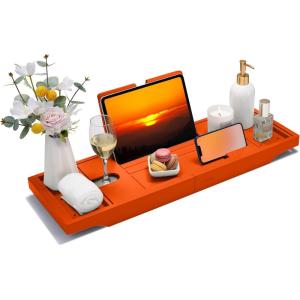 imageSMIRLY Expandable Bamboo Bathtub Tray Bath Tray for Tub Bathtub Accessories Bath Tub Tray Wood Bath Accessories Bath Caddy Bathtub Caddy Tray for Tub Bath Table TrayOrange