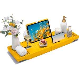 imageSMIRLY Expandable Bamboo Bathtub Tray Bath Tray for Tub Bathtub Accessories Bath Tub Tray Wood Bath Accessories Bath Caddy Bathtub Caddy Tray for Tub Bath Table TrayYellow