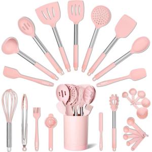 imageSMIRLY Silicone Kitchen Utensils Set with Holder  Silicone Cooking Utensils Set for Nonstick Cookware Kitchen Spatula Set ampamp Kitchen Essentials Home Kitchen Tools ampamp Accessories Set  GreenPink