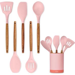 imageSilicone Kitchen Utensils Set ampamp Holder Cooking Utensils Set  Kitchen Essentials for New Home ampamp 1st Apartment Silicone Spatula Set Cooking Spoons for Nonstick Cookware Acacia Wood GreyPink