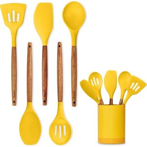 imageSilicone Kitchen Utensils Set ampamp Holder Cooking Utensils Set  Kitchen Essentials for New Home ampamp 1st Apartment Silicone Spatula Set Cooking Spoons for Nonstick Cookware Acacia Wood GreyYellow