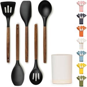 imageSilicone Kitchen Utensils Set ampamp Holder Cooking Utensils Set  Kitchen Essentials for New Home ampamp 1st Apartment Silicone Spatula Set Cooking Spoons for Nonstick Cookware Acacia Wood GreyBlack