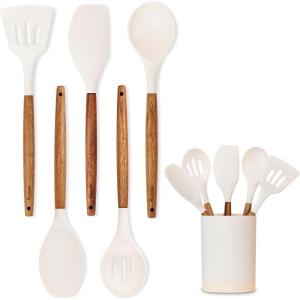 imageSilicone Kitchen Utensils Set ampamp Holder Cooking Utensils Set  Kitchen Essentials for New Home ampamp 1st Apartment Silicone Spatula Set Cooking Spoons for Nonstick Cookware Acacia Wood GreyCream White