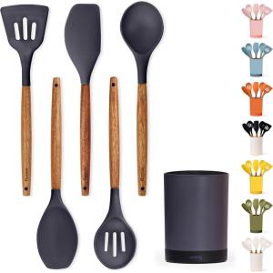 imageSilicone Kitchen Utensils Set ampamp Holder Cooking Utensils Set  Kitchen Essentials for New Home ampamp 1st Apartment Silicone Spatula Set Cooking Spoons for Nonstick Cookware Acacia Wood GreyGray