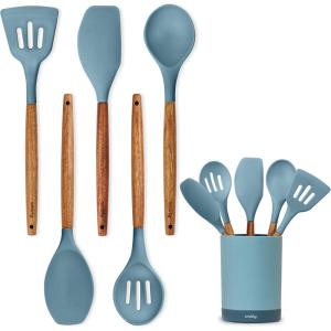 imageSilicone Kitchen Utensils Set ampamp Holder Cooking Utensils Set  Kitchen Essentials for New Home ampamp 1st Apartment Silicone Spatula Set Cooking Spoons for Nonstick Cookware Acacia Wood GreyBlue