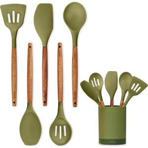 imageSilicone Kitchen Utensils Set ampamp Holder Cooking Utensils Set  Kitchen Essentials for New Home ampamp 1st Apartment Silicone Spatula Set Cooking Spoons for Nonstick Cookware Acacia Wood GreyGreen