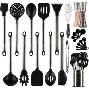 imageSmirly Silicone Cooking Utensils Set with Holder  Kitchen Tools for Nonstick CookwareBlack