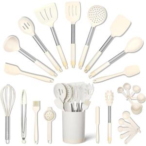 imageSmirly Silicone Cooking Utensils Set with Holder  Kitchen Tools for Nonstick CookwareCream White